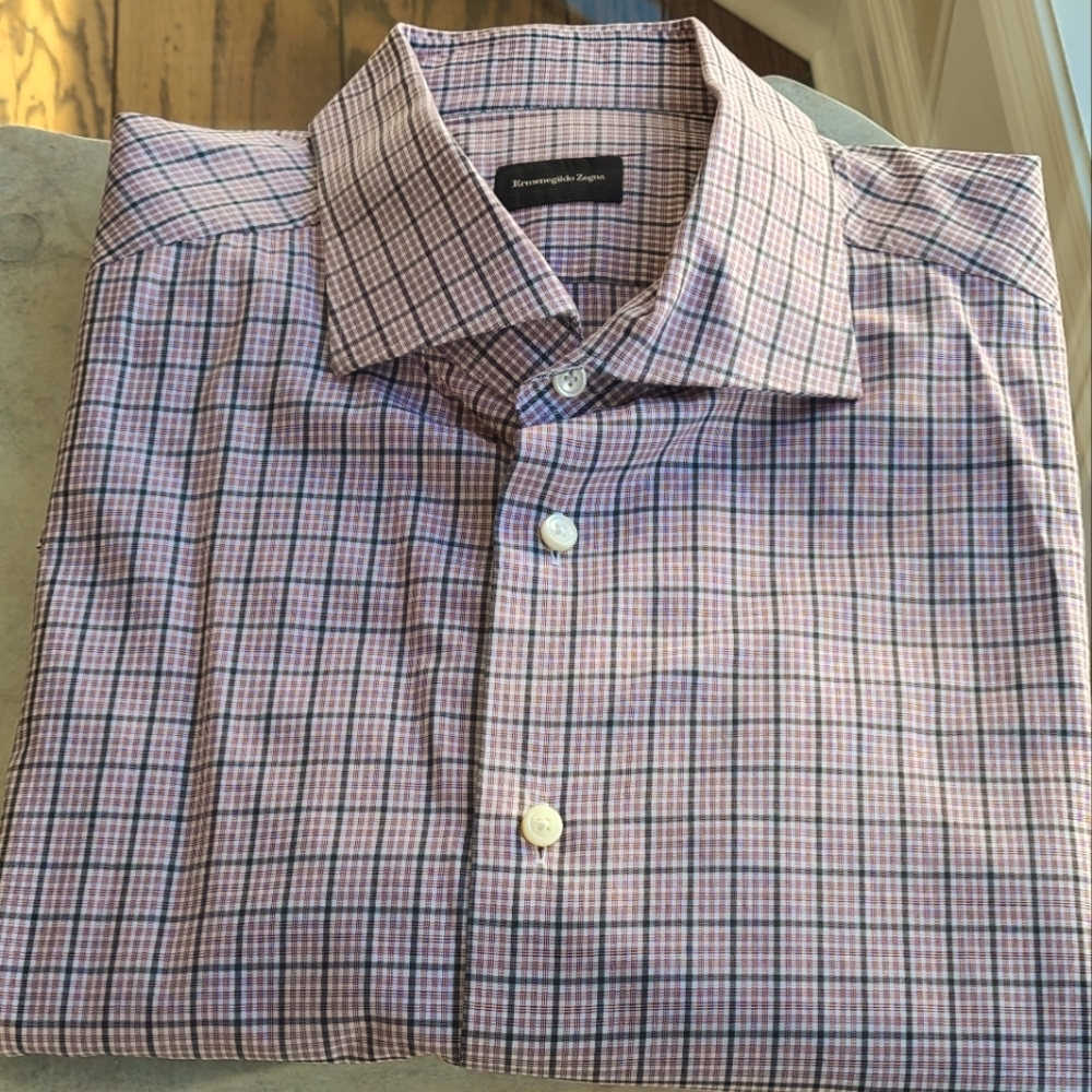 ERMENEGILDO ZEGNA 👕 Plaid Dress Shirt - 2XL, Red/Black/White